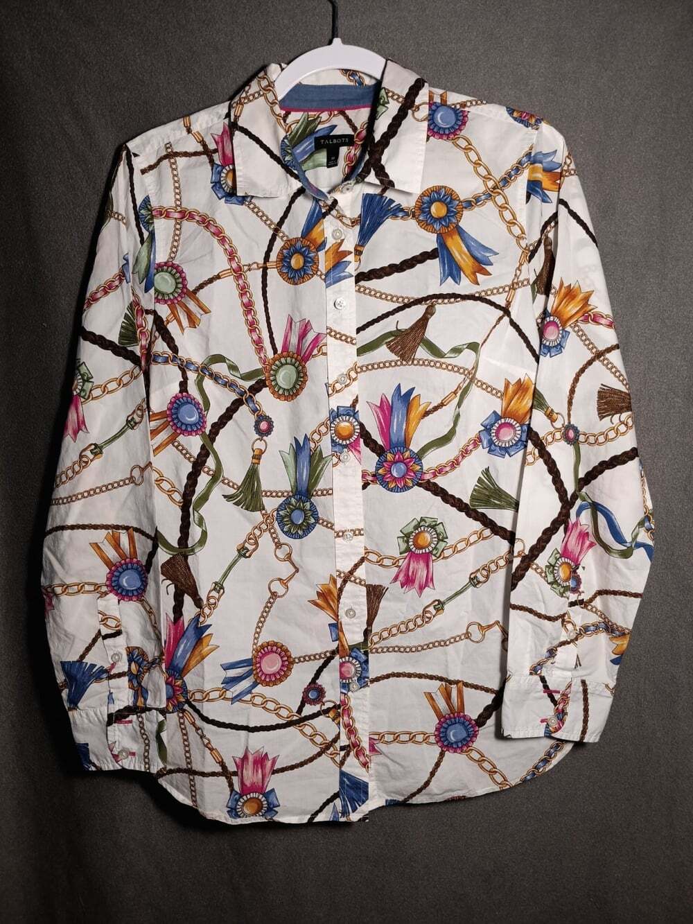 Talbots Medium Equestrian Chain Rosette Print Cotton Button Up Shirt Old Money